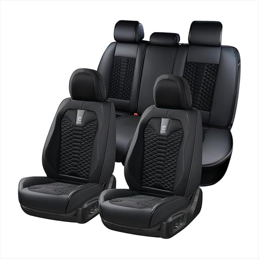 Coverado Car Seat Covers Full Set, 5 Seats Universal Seat Covers for Cars, Breathable Fabric& Faux Leather Auto Seat Cushions, Front and Rear Seat Protectors Fit for Most Sedans SUV Truck, Black