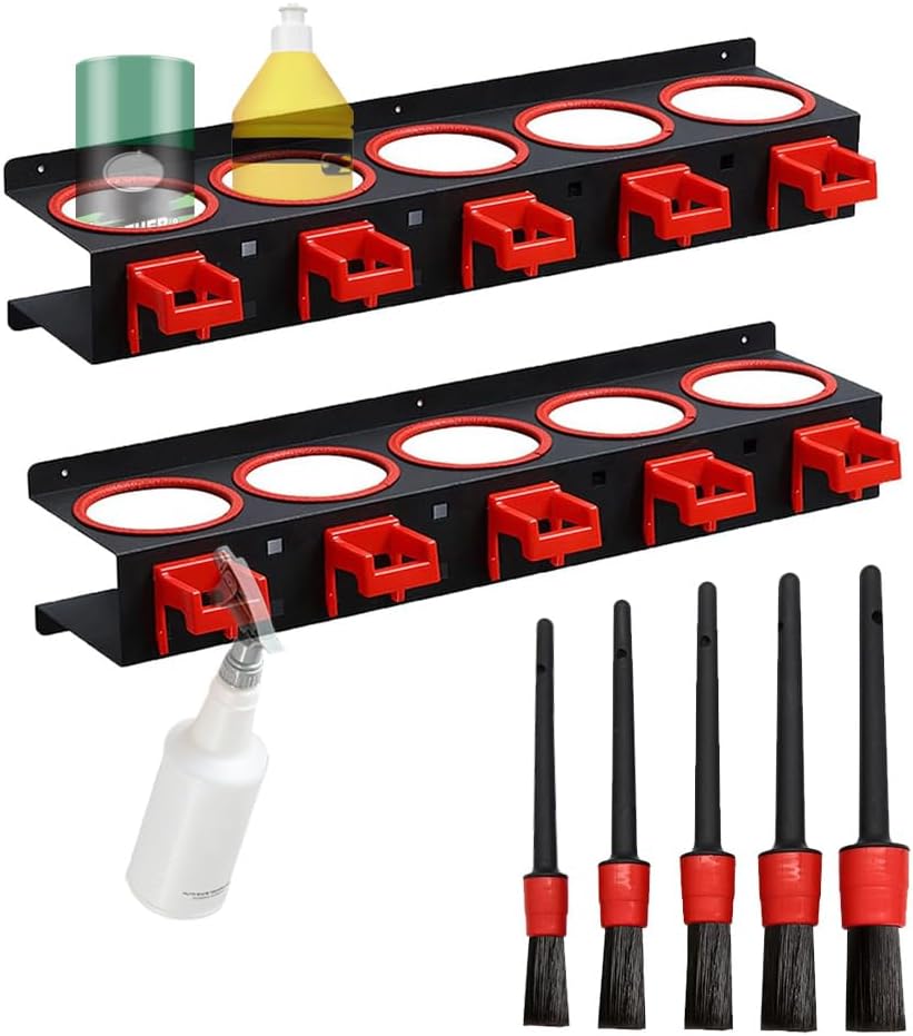 Spray Bottle Rack Organizer, 2 Pack Wall-mounted Spray Bottle Holder, Car Beauty Shop Garage Bottle Organizer, Steel Wall Mount Storage Organizer with 5 Hooks and 5 PCS Cleaning Brushes