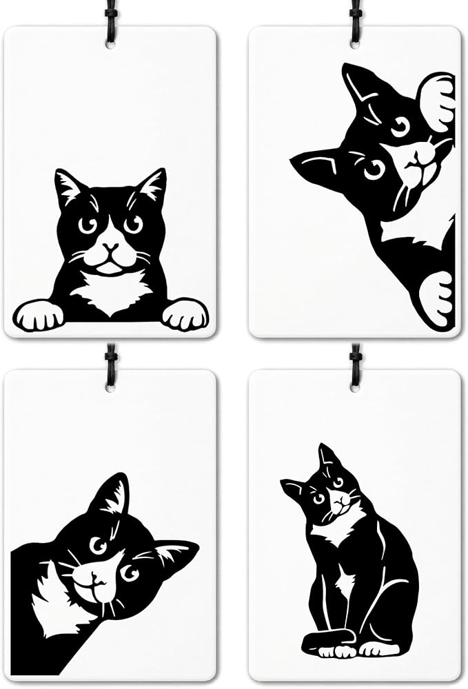 Funny Black Cat Car Air Freshener 4 Pcs, Cute Black Cat Gifts Air Freshener Hanging for Cars Books Closet Drawer, Pet Lover Gifts Car Accessories for Women Men