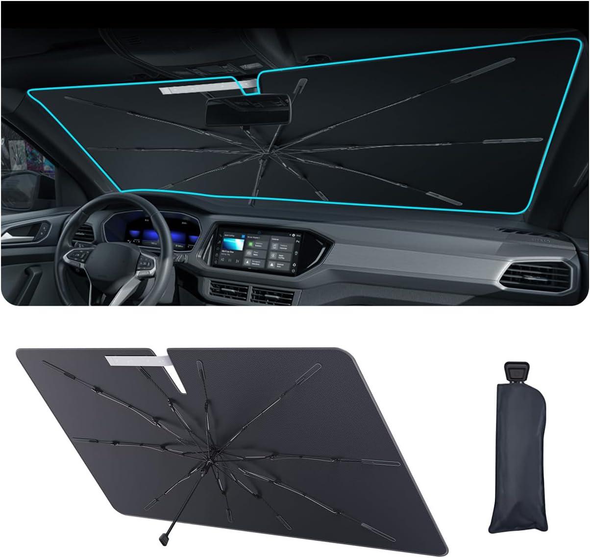 2025 Upgrade Car Windshield Sun Shade Windshield Sunshade Umbrella [Star Fabric] Protect Car from Sun Rays&Heat Damage Keeps Vehicle Cool, Spring Structure Edge Fits Sedans,SUVs,Trucks,Hatchbacks (S2)