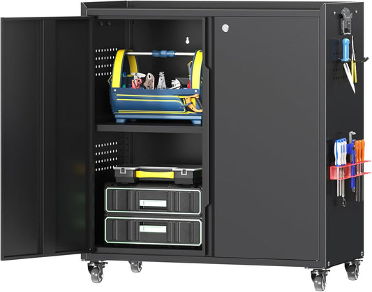34" Metal Garage Storage Cabinet with Wheels, Adjustable Rolling Tool Storage Cabinet with Lock, Steel Locking Tool Cabinet with Doors and Shelves for Garage, Warehouse（Black）