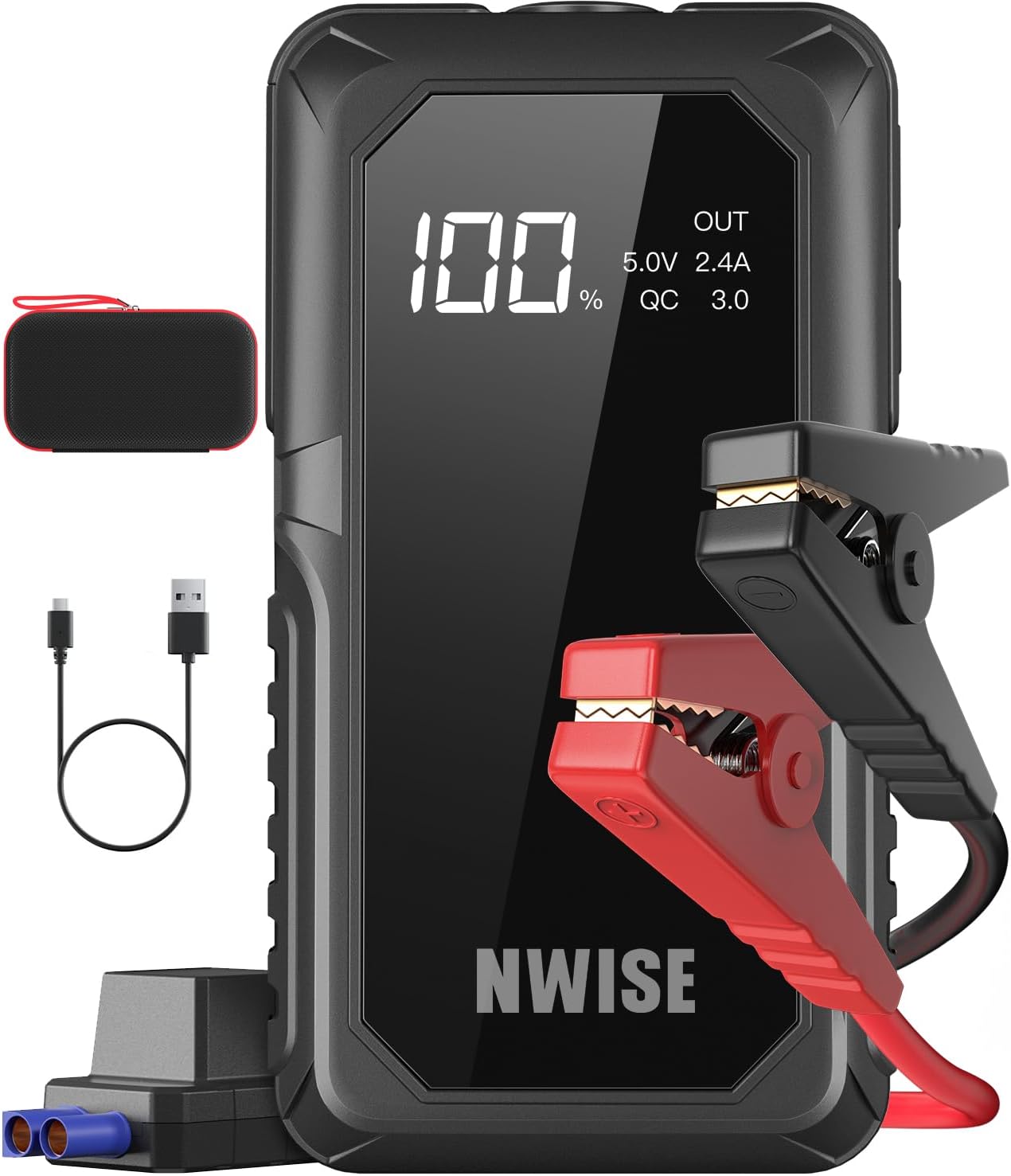 NWISE Car Jump Starter, 2000A Peak 20000mAh Portable Battery Starter with Smart Safety Jumper Clamps,12V Jump Boxes with Dual USB Quick Charge 3.0, LED Light