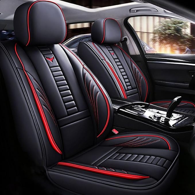 for Toyota RAV4 2008-2025 Car Seat Covers, Full Coverage Customized Seat Covers Premium Leather Waterproof Stain-Resistant Easy to Install (Front Set, Black&Red)