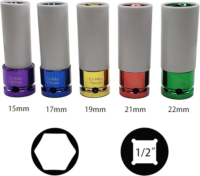 5PCS 1/2" 15mm 17mm 19mm 21mm 22mm Impact Drive Lug Nut Socket Set, Drive Wheel Protector Impact Socket, Thin-Walled Wheel Rim Protectors Tool, Non-Marring Impact Lug Nut Socket