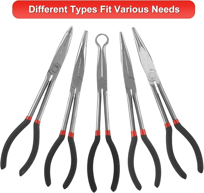 Long Needle Nose Pliers Set, 5 in 1 11 inch Spark Plug Wire Removal Tool - Bent Needle Nose Pliers 90 45 25 Degree - Pointy Nose Pliers - Pinch Nose Pliers for Narrow Spaces and Limited Areas