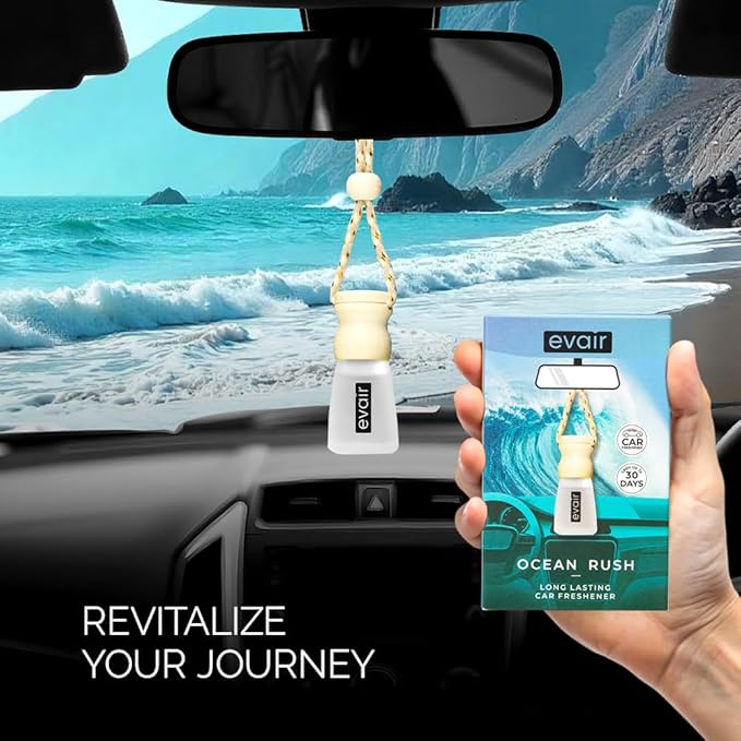 Evair Ocean Rush Scent For Car Air Freshener | Hanging Air Fresheners with Wooden Diffuser, Best Air Freshener with Long Lasting Fragrance from Essential Oil