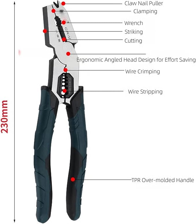 2026 New Industrial-Grade Multi-Function Cutting Pliers, 9-in-1 Compound Pliers, Heavy Duty Wire Cutter & Stripper with Crimper, Nail Puller, Ergonomic Grip Tool for Home Repair (1*PCS)