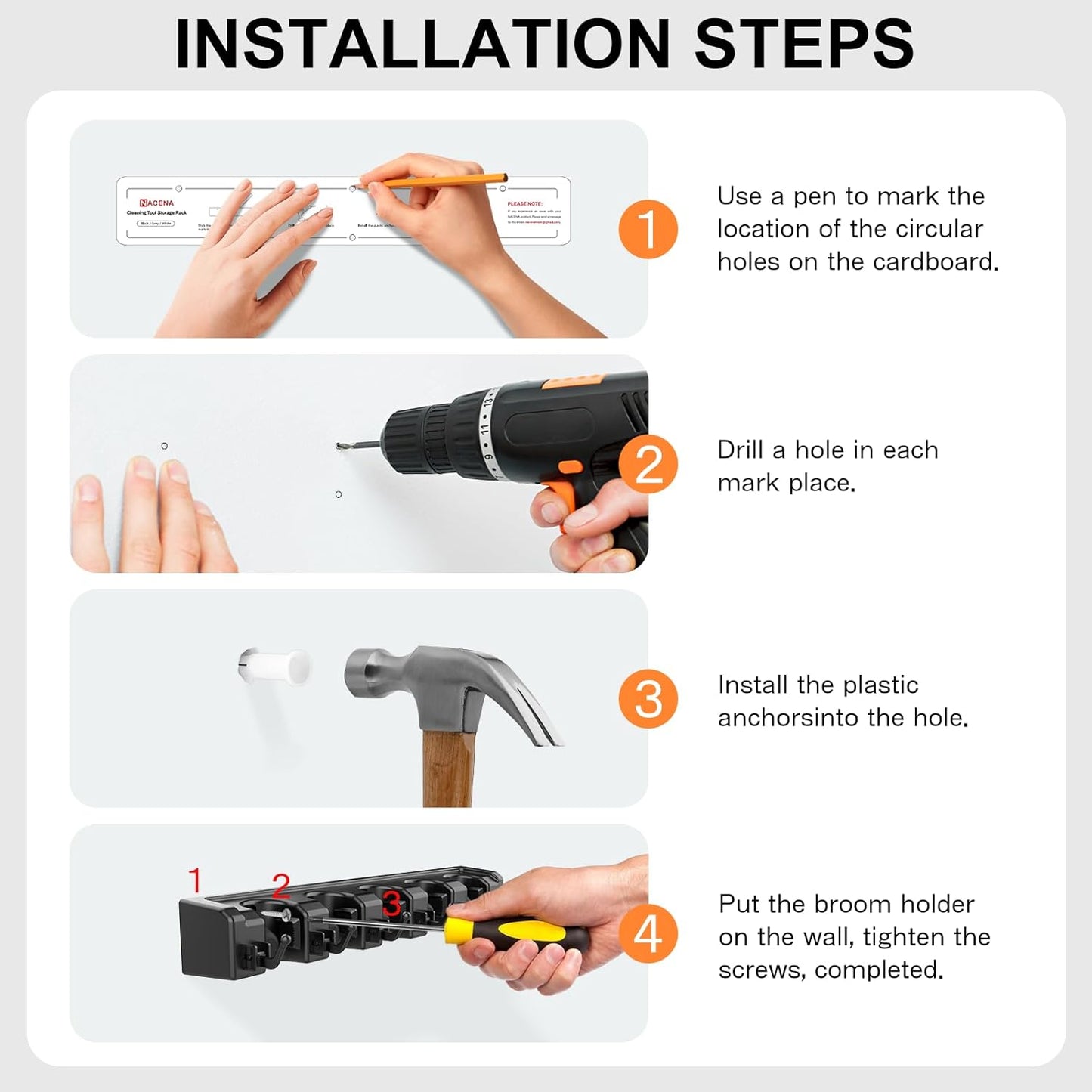 nacena Broom Holder Wall Mount, 2 Packs Black Wall Hanging Garden Tool & Utility Closet Organizer Mop & Broom Hook Wall Mounted Heavy Duty Broom and Mop Organizer Wall Hanging for Bathroom, garage