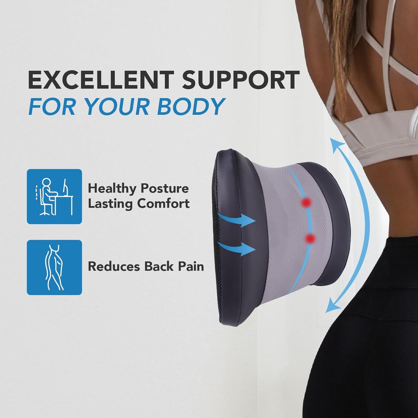 Lumbar Support Pillow for Car, Memory Foam Lumbar Pillow for Lower Back Pain Relief - Back Cushion for Driving, Chair Support for Car-Office Chair, Wheelchair - Black&Gray