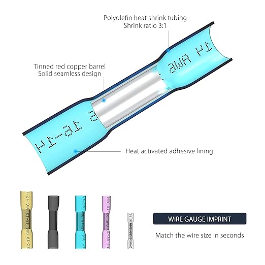 Heat Shrink Butt Wire Connectors, 100Pcs 16-14 AWG Blue Insulated Waterproof Electrical Wire Connectors Automotive Marine Grade Wire Crimp Terminals Butt Splices, Ideal for Boat, Truck, Stereo Blue