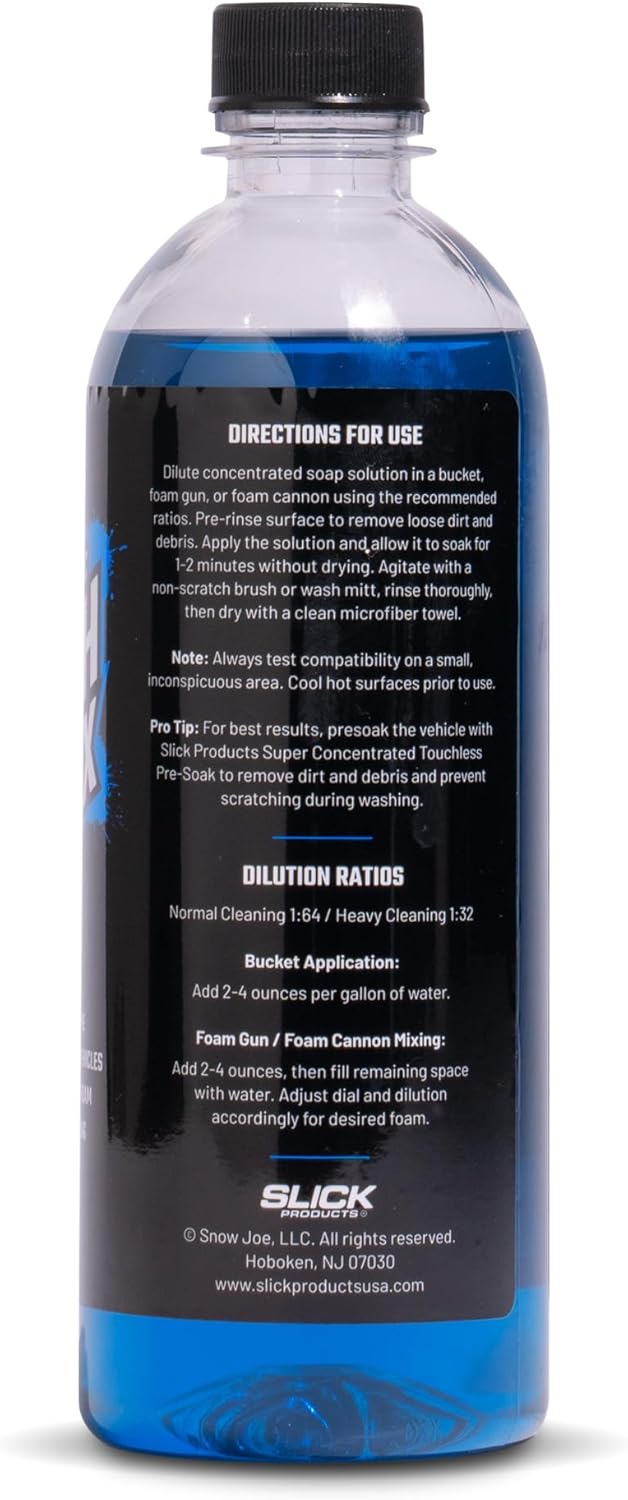 Slick Products Wash & Wax Extra Thick Foaming Cleaning Solution Motorcycle, Truck, Trailer, Boat, Car Wash Soap - Works With Foam Cannon, Foam Gun, Sprayers, Buckets, 16 oz., Tropical Scent