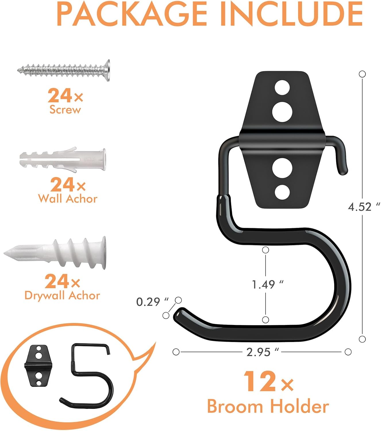 LIGHT DUST Broom Holder Wall Mount - 6 Pack Tool Hangers Garage Wall Hanging Organizer - Heavy Duty Metal Large S Hooks for Mop Shovel Rake Shed Garden Lawn Yard Handle Tools Organization (Black)