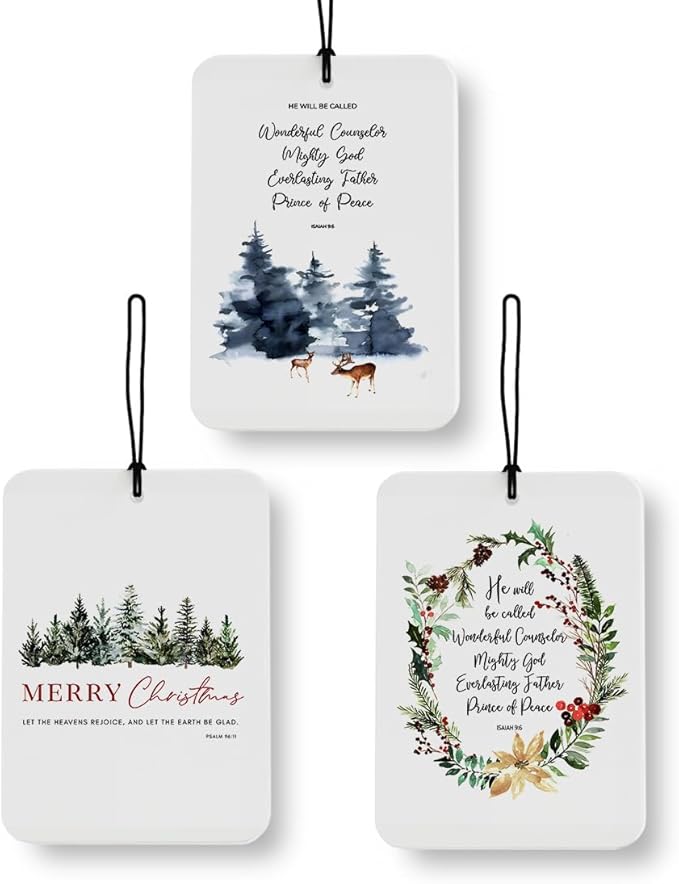Christian Christmas Car Air Freshener 3 Pcs, Bible Verse Religious Christmas Forest Tree Deer Air Freshener Hanging Decor for Cars Closet Drawer Books Accessories Gifts