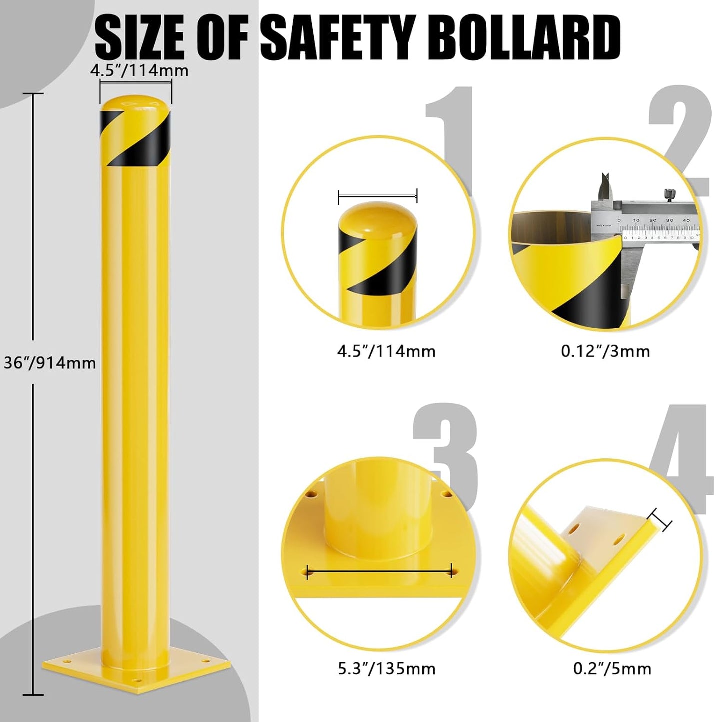 Parking Bollard Post, Bollards Steel 36 inch, 4.5 Inch Diameter Bollard Covers, Yellow Powder Coated Safety Parking Barrier Post, for Traffic Sensitive Areas (36inch 4Pack)