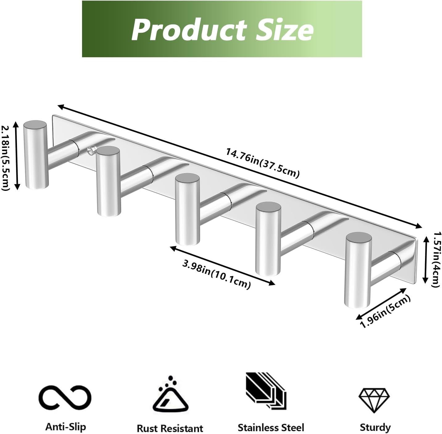 Wall Mounted Coat Rack-5 Hooks, Heavy Duty Stainless Steel Hook Rail for Towel Coat Hat Purse Bag Jacket, Towel Hooks for Entryway Bathroom Kitchen (Glossy 5 Hooks - 1 Pack)