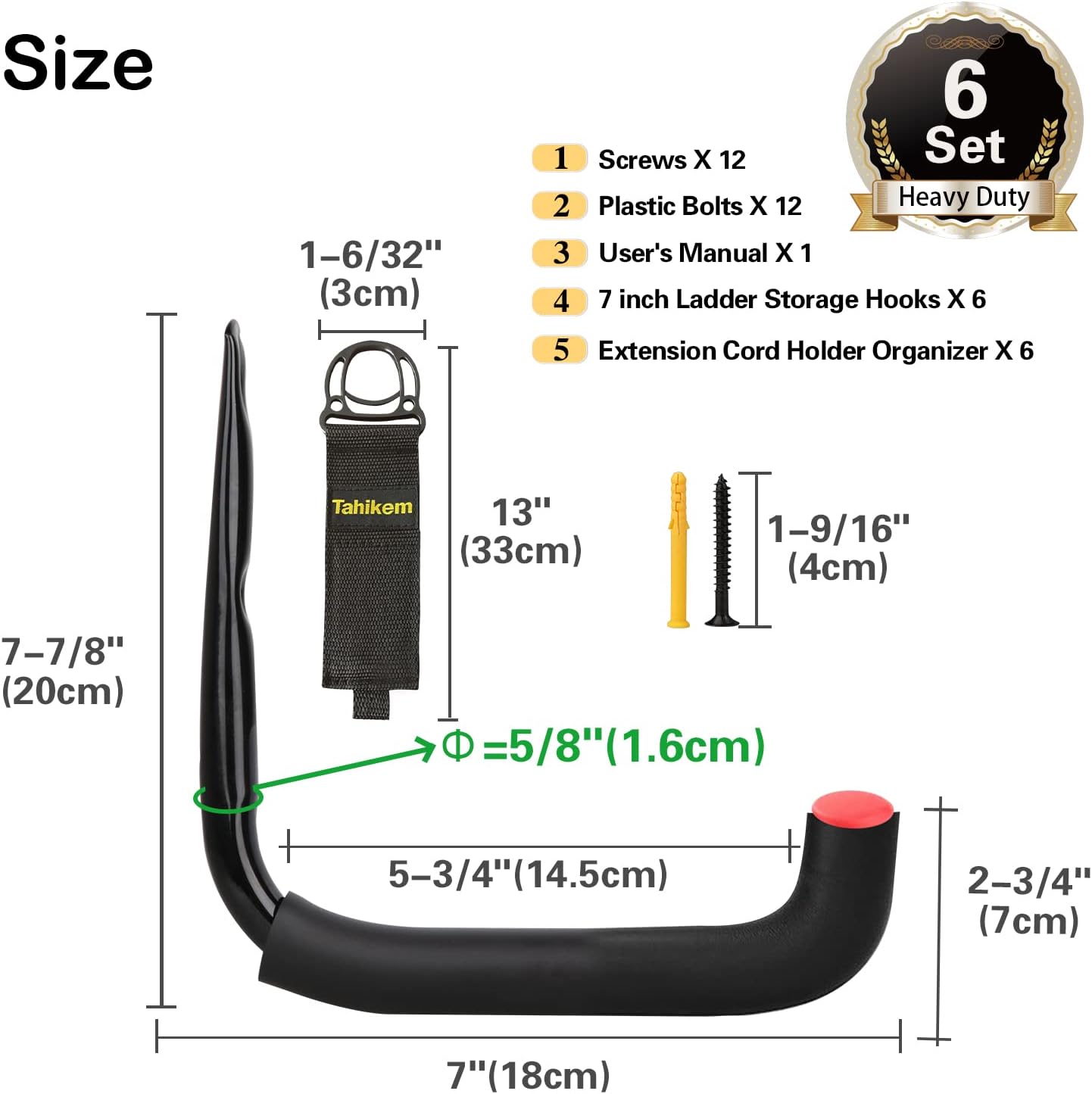 6 Set Garage Hooks - Wall Mounted, Heavy Duty, 7 Inch Large, Extension Cord Hanger, J Hooks for Ladder, Mowers, Cable Bracket - Black