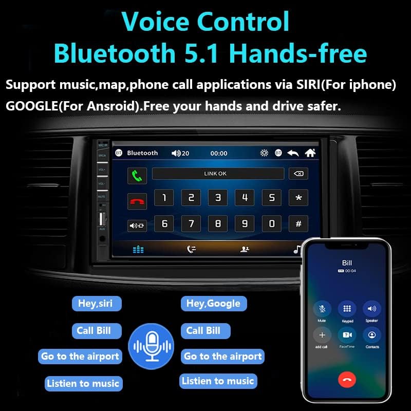 Naifay Double Din Car Stereo Compatible with Apple Carplay and Android Auto, 7 inch HD Touchscreen Car Radio Car Audio Receivers, Bluetooth, Backup Camera, Mirror Link, USB/AUX/TF/Subwoofer, FM Radio