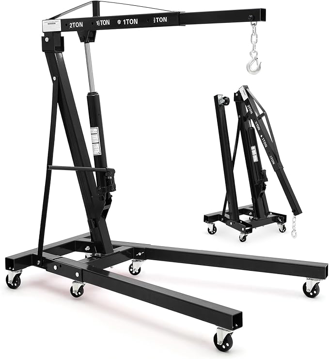 2-Ton Folding Engine Hoist Cherry Picker 4400 Lb Capacity Hydraulic Shop Crane with Telescoping Boom 6 Caster Wheels for Automotive Repair Garage Use Includes Hitch and Storage Stand Black