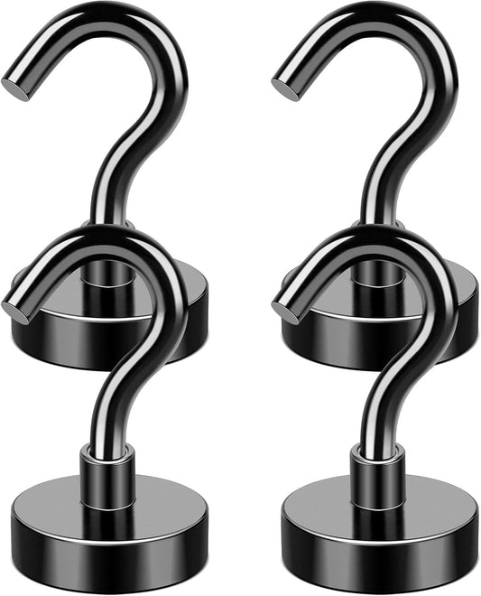 MIKEDE Magnetic Hooks, 25Lbs+ Black Heavy Duty Earth Magnets with Hook for Refrigerator, Strong Neodymium Magnetic Cruise Hooks for Hanging, Curtain, Grill and Kitchen - Pack of 4