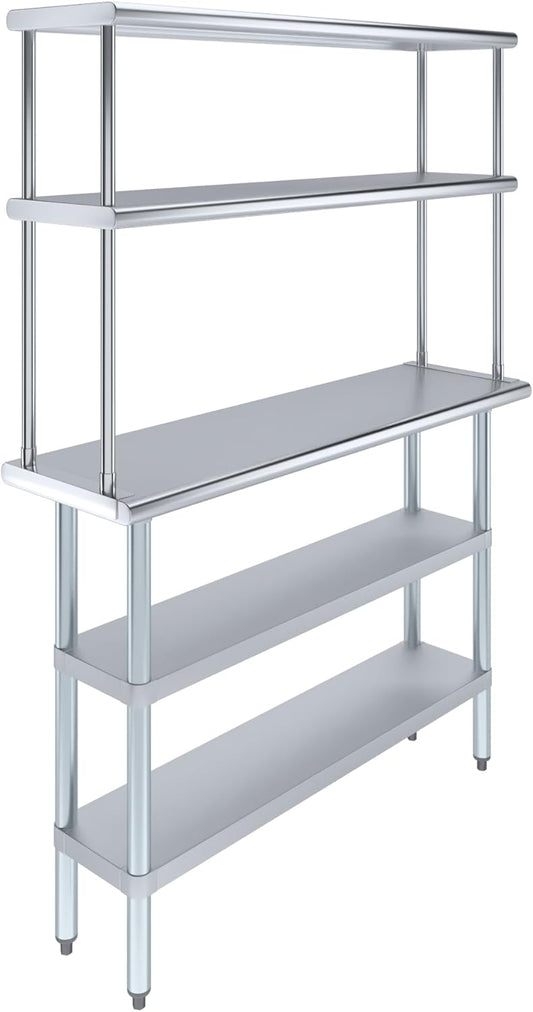 Amgood Stainless Steel Work Table with 2 Shelves | Metal Kitchen Prep Table & Shelving Combo (14" x 48" Table with 2 Shelves + 12" Overshelf)