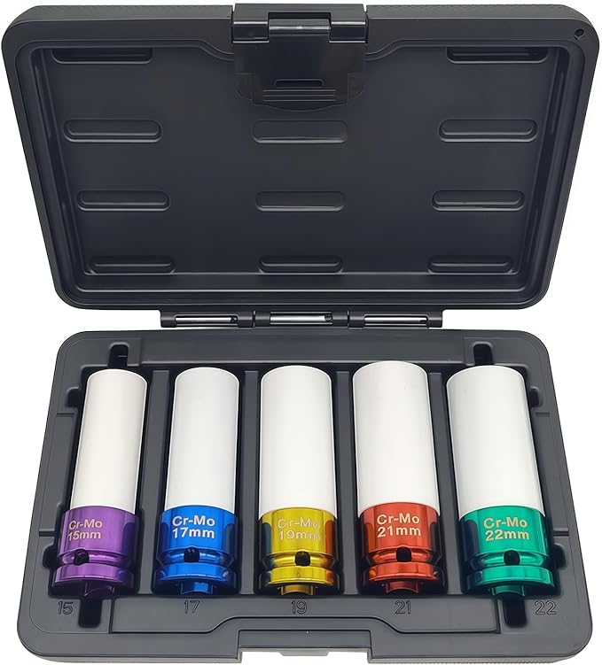 5PCS 1/2" 15mm 17mm 19mm 21mm 22mm Impact Drive Lug Nut Socket Set, Drive Wheel Protector Impact Socket, Thin-Walled Wheel Rim Protectors Tool, Non-Marring Impact Lug Nut Socket