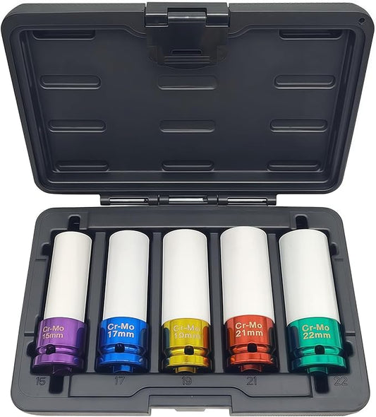 5PCS 1/2" 15mm 17mm 19mm 21mm 22mm Impact Drive Lug Nut Socket Set, Drive Wheel Protector Impact Socket, Thin-Walled Wheel Rim Protectors Tool, Non-Marring Impact Lug Nut Socket