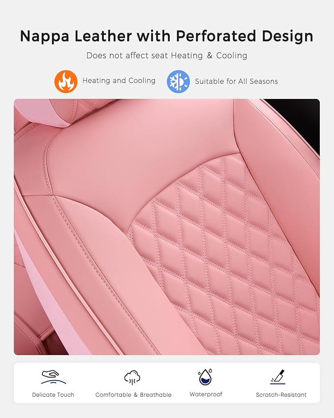 Huidasource Pink Front Seat Covers, Nappa Leather Front Car Seat Covers, Side Elastic Fabric, Compatible with Airbags, Seat Belts, Universal Fit for Most Cars, Vans, Trucks, SUV (Front Pair/Pink)