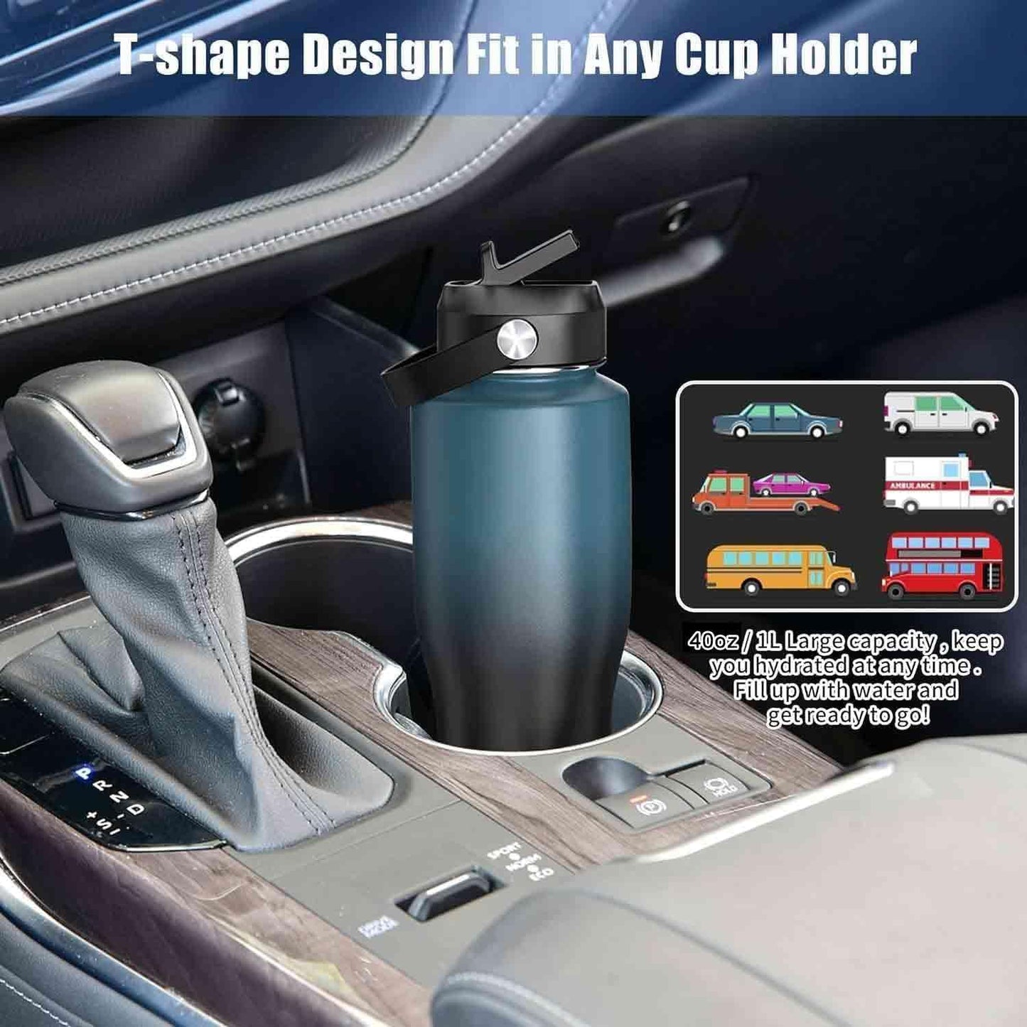 SENDESTAR 40oz Water Bottle Wide Mouth Stainless Steel Vacuum Insulated Double Wall with 2 Straw Lids Fit in Any Car Cup Holder TXIN-40-Dark Green