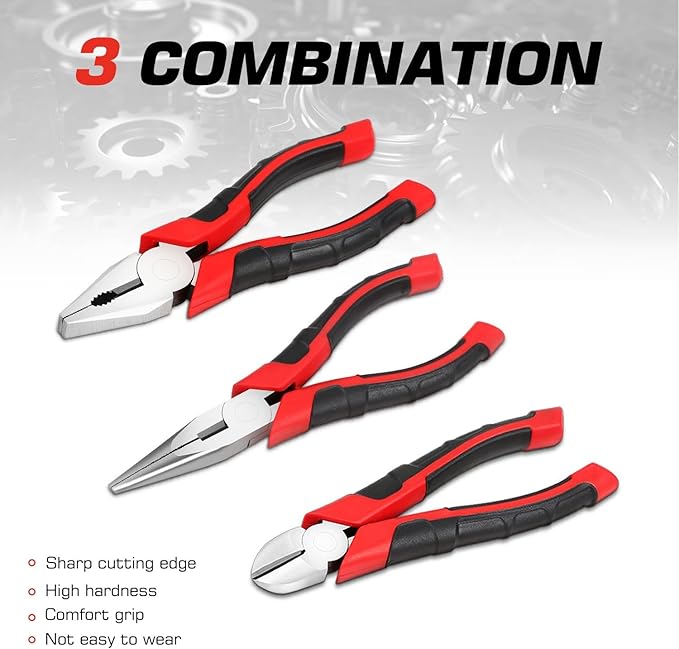 DNA Motoring TOOLS-00063 3 Piece Pliers Set – 6.5 inch Linesman Pliers w/Durable Jaws, Milled Teeth, Hot-Riveted Joint
