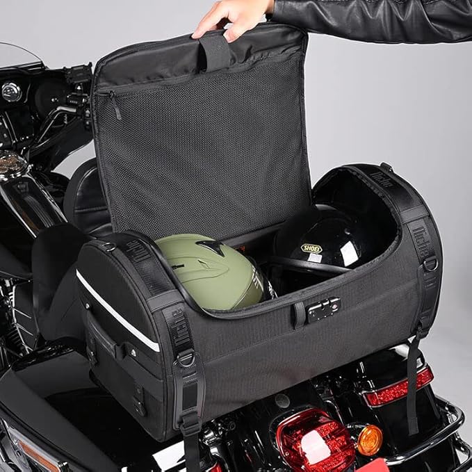 Niche Stackable Motorcycle Tail Bag – 59L Large Capacity Rear Seat Bag with Waterproof Rain Cover, Zipper Closure, & Adjustable Straps – Travel Luggage for Honda, Yamaha, Suzuki, Kawasaki, Harley