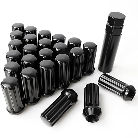 M14x1.5 Lug Nuts, Conical/Cone Bulge Seat, Closed End Long Extended XL Spline with 1 Socket Key， Wheel Lug Nuts for Aftermarket Wheels (24Pcs,Black)