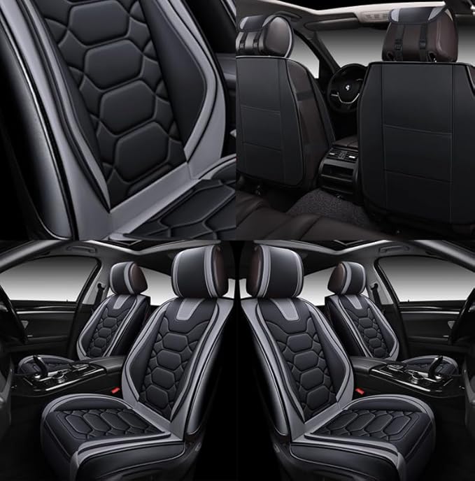 OASIS AUTO Car Seat Covers Front Seats, Waterproof Faux Leather Seat Covers for Cars Universal Fit for SUV, Truck, Sedan, Black Premium Car Seat Protector with Cushions (OS-004 Black&Gray)