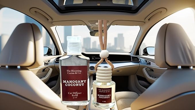 Car Air Freshener with 1 Oz Refill included | Car scented on the go | Car Air Freshener | Long Lasting Hanging Fragrance | Phthalate Free Fragrance. (Mahogany Coconut, 8 ml)