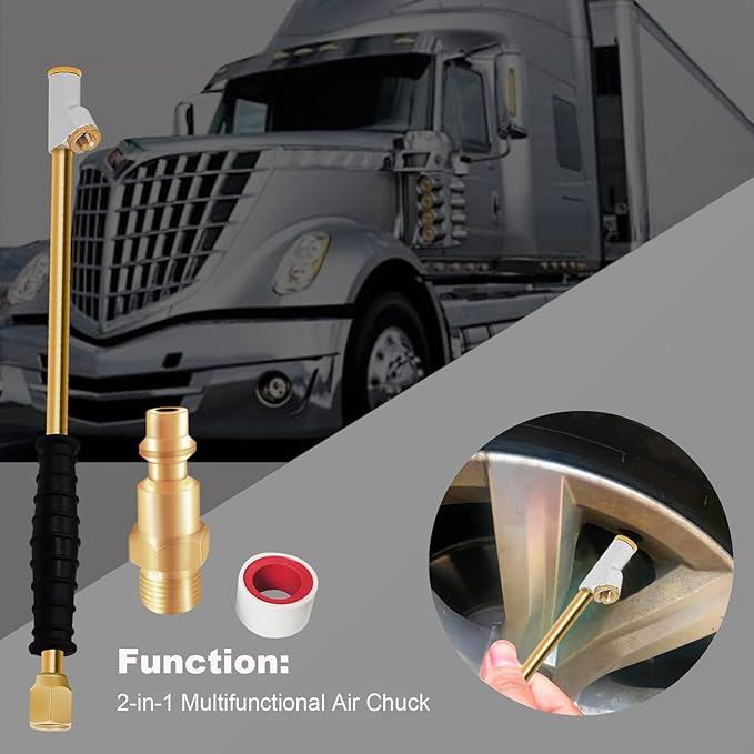 GODESON 1/4" FNPT Extended Reach Dual Head Air Chuck, 2-Way Connection 11.8" Extended Brass Air Chuck with Rubber Handle,Tire Chuck with Quick Plug for Semi, RV, Truck Dually Tires