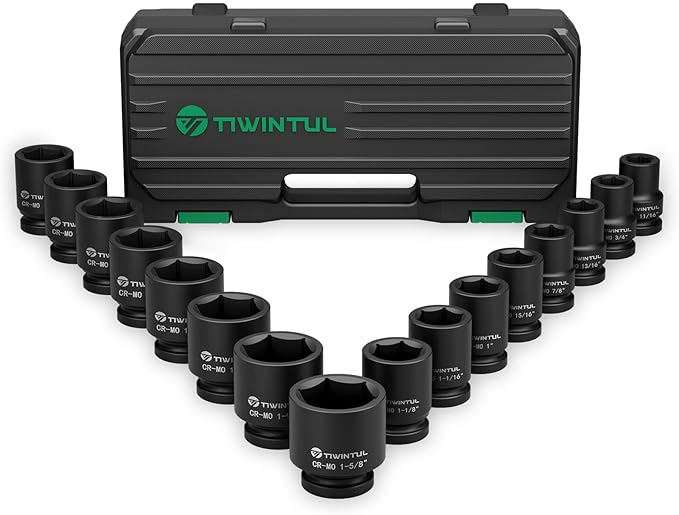 3/4 Inch Drive Impact Socket Set, CR-MO Steel, 16 Pieces Socket set, SAE Sizes 11/16" to 1-5/8", Heavy Duty Impact Socket Set for Large Vehicle and Equipment Maintenance