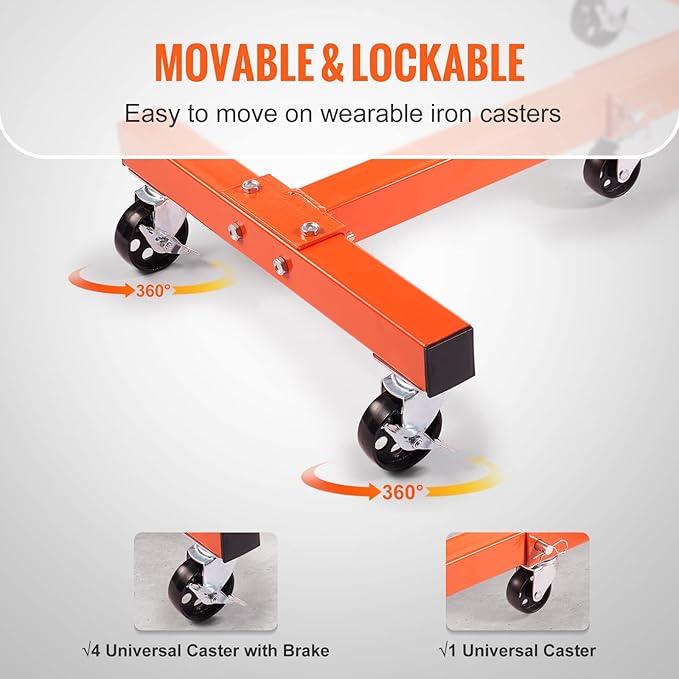 VEVOR Engine Stand, 3/4 Ton (1500 LBS) Capacity Engine Motor Stand, with 360-Degree Rotating Head, Heavy-Duty Steel Engine Lift Stand with 5-Casters, 4 Adjustable Arms, Orange