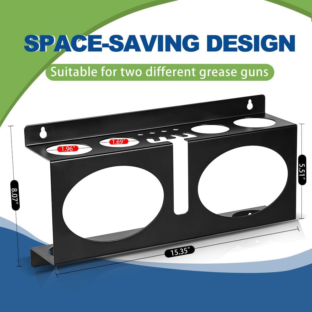 JDMON Grease Gun Holder Compatible with 2 Grease Guns, Grease Gun Rack Wall Mount Tractor, Grease Organizer, Grease Gun Storage with Removable Drip Cups & Spare Grease Tube Holder for Workshop, Garage