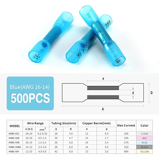 Heat Shrink Butt Connectors, 500Pcs 16-14 AWG Blue Insulated Waterproof Electrical Wire Connectors Automotive Marine Grade Wire Crimp Terminals Butt Splices, Ideal for Boat, Truck, Stereo - Blue