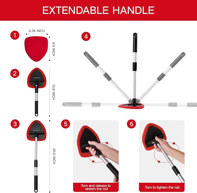10pcs Windshield Cleaning Tool Inside Car Window Cleaner Wash Kit with 4 Reusable Microfiber Pads 1 Spray Bottle and Extendable Handle Interior Auto Glass Wiper Kit, Red