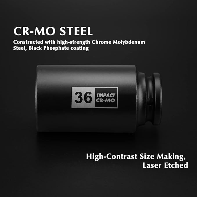 EMENTOL 4PCS 1/2" Drive Deep Impact Socket Set, CR-MO, 12 Point, Metric, Deep Spindle Axle Nut Impact Socket Set-30mm, 32mm, 34mm, 36mm