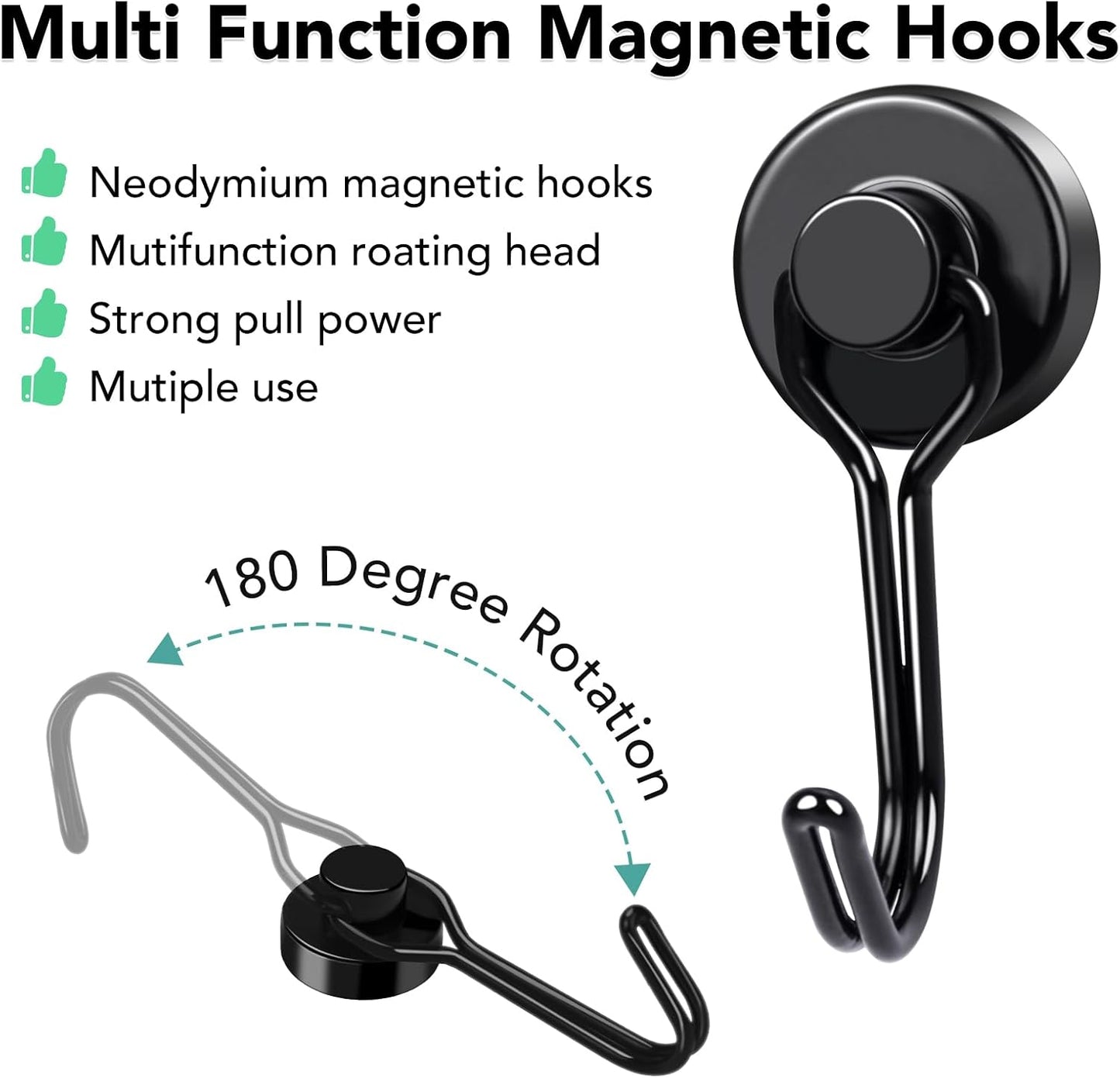 MIKEDE Magnetic Hooks 4 Pack, 40Lbs Heavy Duty Neodymium Magnet Hooks Black Magnetic Swivel Hooks for Hanging, Rust Proof Strong Magnets with Hook Magnetic Metal Hanger for Storage
