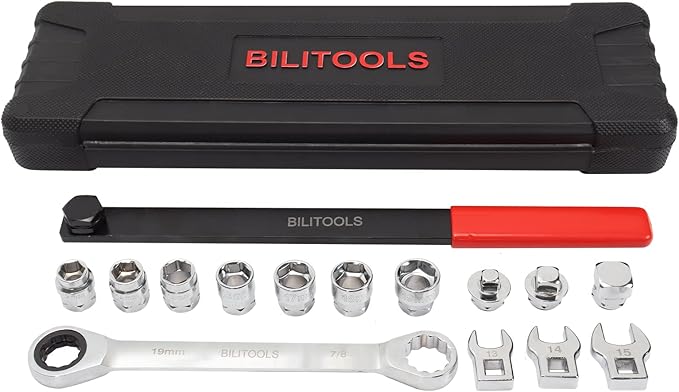 BILITOOLS 15-Piece Universal Serpentine Belt Tool Set,Belt Tensioner Tool Kit with Ratcheting Wrench, Crowfoot Wrenches, Socket Adapters.19 mm and 7/8'' ratchet drive.
