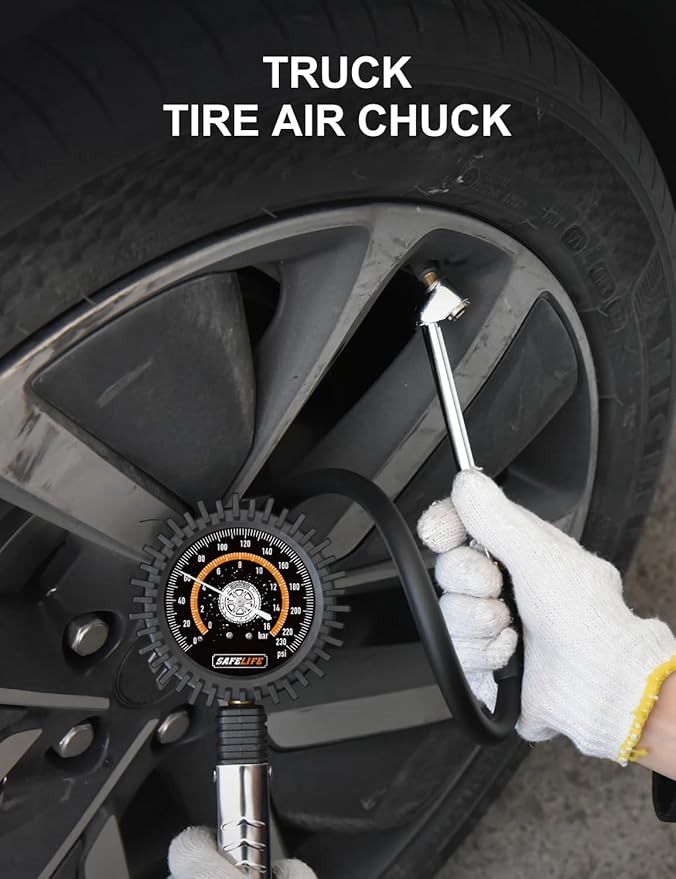 SAFELIFE Tire Pressure Gauge with Inflator 230PSI - Heavy Duty Air Chuck and Compressor Accessories with 17.7" Rubber Hose, Large 3" Easy Read Glow Dial for Truck and RV