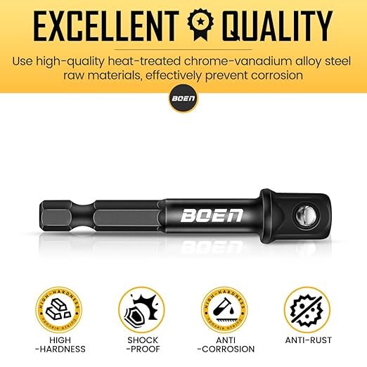 BOEN 10-Piece 3/8" Drive Impact Grade Socket Adapter Set, 1/4-Inch SAE Hex Shank Drill Bit Adapter for Power Drill to High Torque Impact Wrench