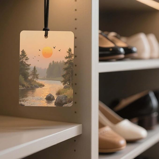 Sunset Landscape Car Air Freshener 4 Pcs, Oil Painting - Style Scenery Hanging Air Freshener for Cars Closet Drawer Books, Car Accessories Mirror Decor for Nature Lovers.