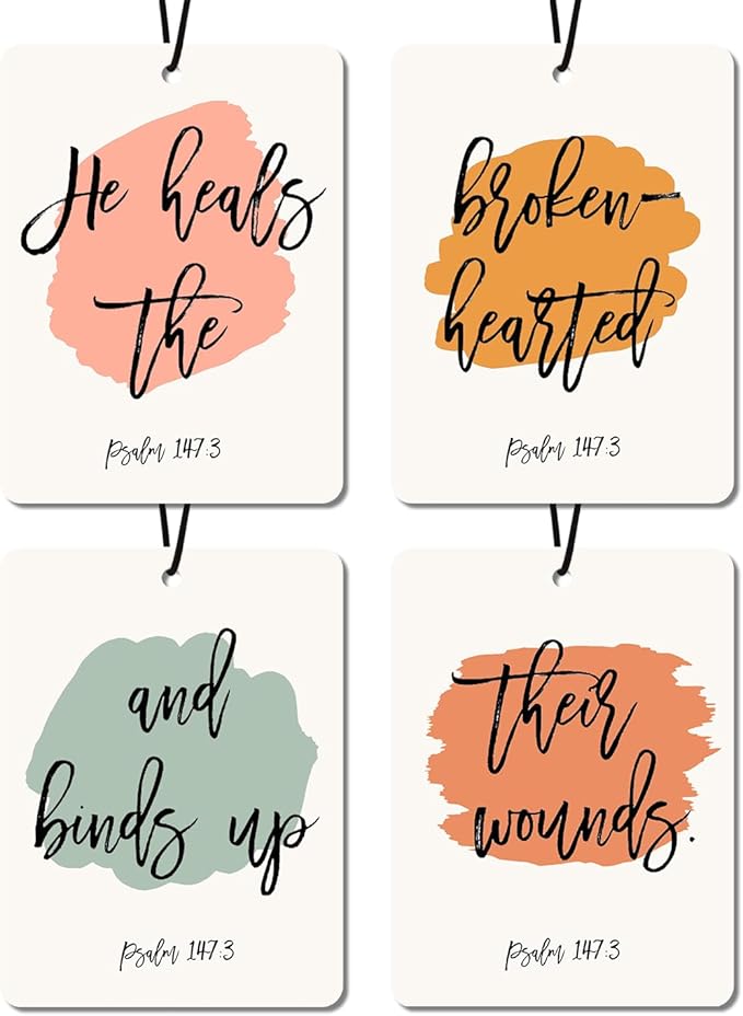 Christian Healing Cologne Car Air Fresheners - Psalm 147:3 Scripture Designs Natural Non Toxic Air Freshener, 4 - Pack Ideal Decor & Gift for Faith - Based Comfort, for Car, Closet & Home