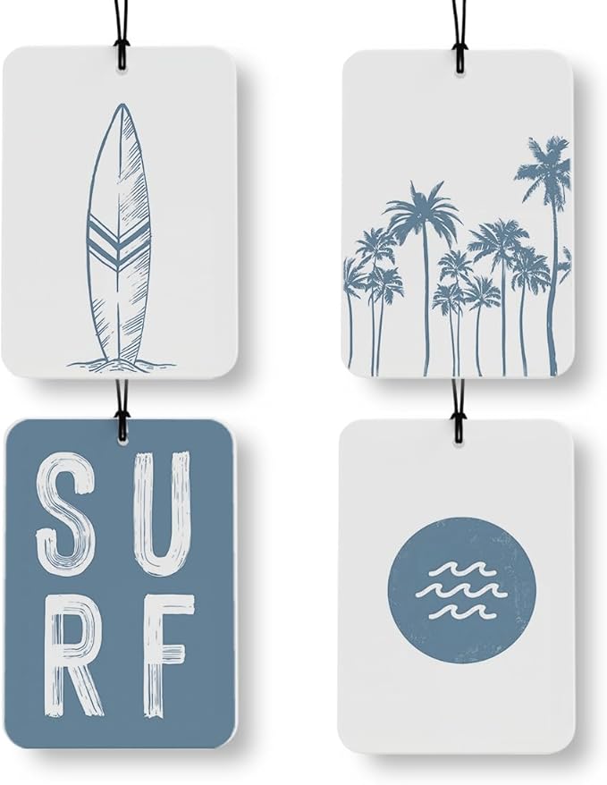 Blue Coastal Beach Car Air Freshener 4 Pcs, Retro Ocean Surfboard Wave Coconut tree Beachy Air Freshener Hanging Decor for Cars Closet Drawer Books Accessories Gifts