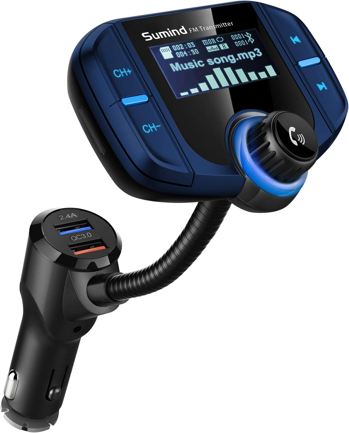 Upgraded Bluetooth FM Transmitter, Wireless Radio Adapter Hands Free Car Kit with 1.7'' Display, QC3.0 and Smart 2.4Amp Dual USB Ports, AUX Input/Output, TF Card Mp3 Player (Normal, Blue)