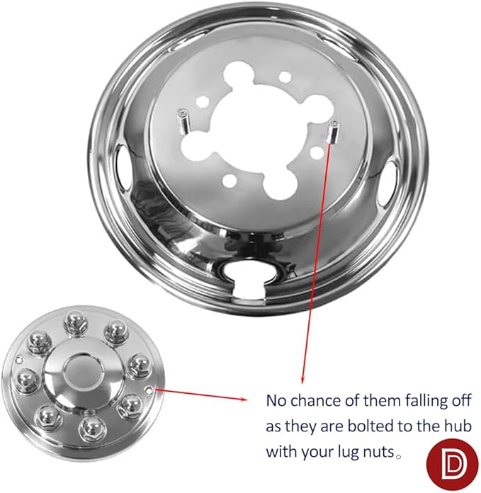 4pcs 17" Polished Stainless Steel Dually Wheel Simulators,Nice Looking Bolt On Wheel Cover with Removable Centre Cap,8 Lug 5 Hand Hole Hubcap Fit for 2003-2018 Dodge Ram 3500 17D8