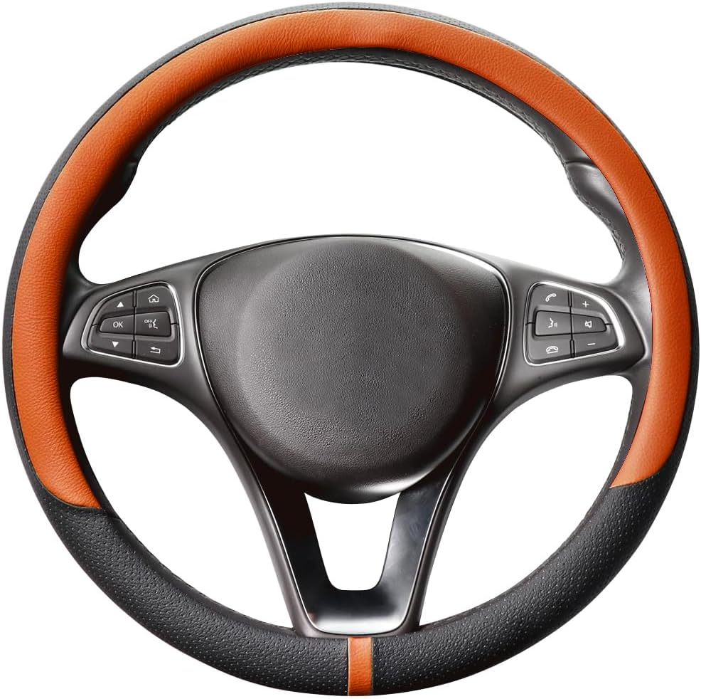 COFIT Breathable Car Steering Wheel Cover 15 inch Auto Universal Leather Wrap Non-Slip Steeringwheel Protector Automotive Interior Accessories, Orange (Suit for 14.5-15 inch)